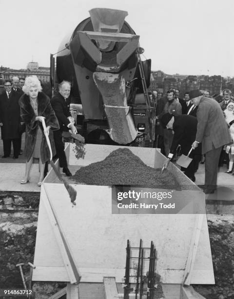 From left to right, Jennie Lee , Minister for the Arts, Desmond Plummer, Leader of the GLC , Lord Chandos, chairman of the National Theatre Board,...