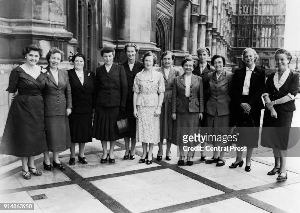 Female MPs on the terrace of the House of Commons in London, 7th June 1955. From left to right, Jennie Lee, Alice Bacon, Bessie Braddock, Edith Pitt,...