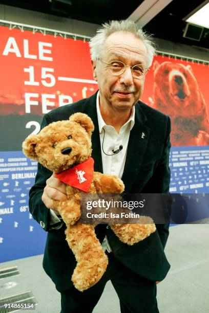 Berlinale director Dieter Kosslick with the Berlinale mascot during the press conference for the 68th Berlinale International Film Festival on...