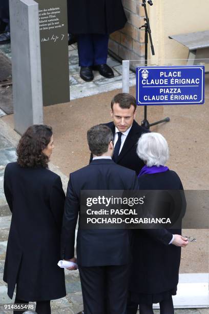 French President Emmanuel Macron greets Dominique Erignac widow of slain French prefect Claude Erignac, her daughter Marie-Christophine and son...