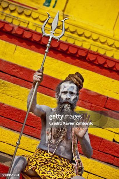 Coming from the Maha Kumbh Mela of Allahabad, a Sadhu carrying a trident and giving blessings with his hand raised is sitting on the stairs of a ghat...