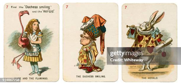 alice in wonderland playing cards 1898 set 7 - flamingo heart stock pictures, royalty-free photos & images