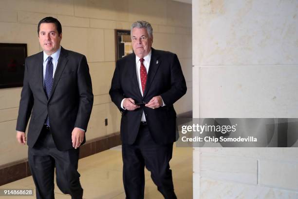 House Intelligence Committee Chairman Devin Nunes and Rep. Peter King head for a House Republican conference meeting at the U.S. Capitol February 6,...