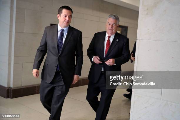 House Intelligence Committee Chairman Devin Nunes and Rep. Peter King head for a House Republican conference meeting at the U.S. Capitol February 6,...
