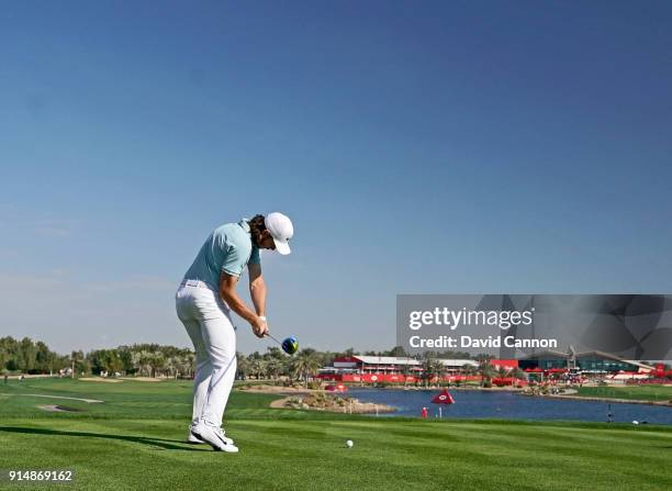 Tommy Fleetwood of England plays a 3 wood tee shot during the first round of the Abu Dhabi HSBC Golf Championship at Abu Dhabi Golf Club on January...