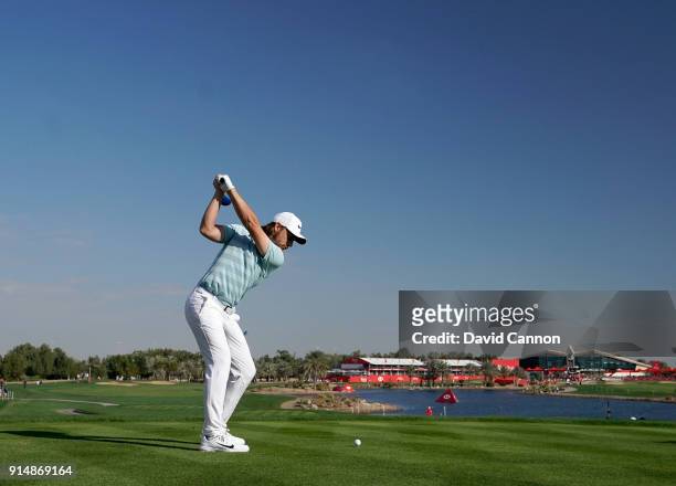 Tommy Fleetwood of England plays a 3 wood tee shot during the first round of the Abu Dhabi HSBC Golf Championship at Abu Dhabi Golf Club on January...