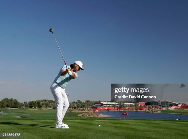 Tommy Fleetwood of England plays a 3 wood tee shot during the first round of the Abu Dhabi HSBC Golf Championship at Abu Dhabi Golf Club on January...