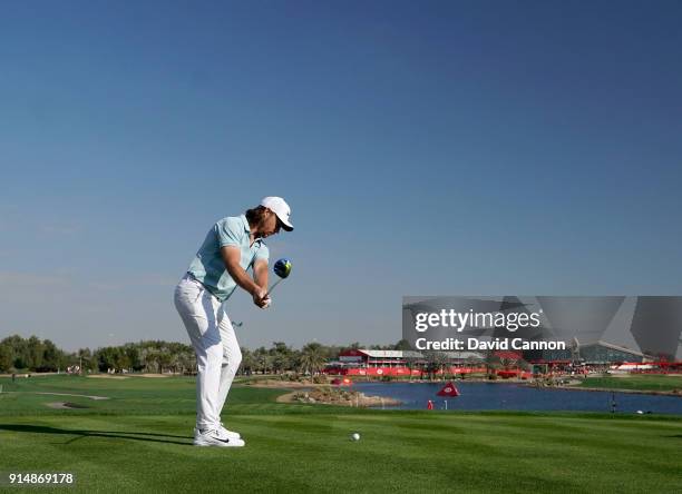 Tommy Fleetwood of England plays a 3 wood tee shot during the first round of the Abu Dhabi HSBC Golf Championship at Abu Dhabi Golf Club on January...