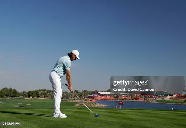 Tommy Fleetwood of England plays a 3 wood tee shot during the first round of the Abu Dhabi HSBC Golf Championship at Abu Dhabi Golf Club on January...