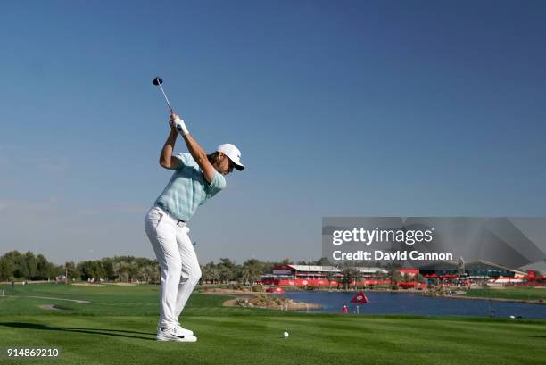 Tommy Fleetwood of England plays a 3 wood tee shot during the first round of the Abu Dhabi HSBC Golf Championship at Abu Dhabi Golf Club on January...