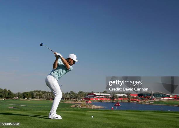 Tommy Fleetwood of England plays a 3 wood tee shot during the first round of the Abu Dhabi HSBC Golf Championship at Abu Dhabi Golf Club on January...