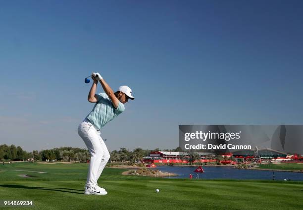 Tommy Fleetwood of England plays a 3 wood tee shot during the first round of the Abu Dhabi HSBC Golf Championship at Abu Dhabi Golf Club on January...