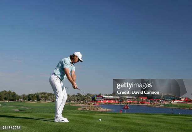 Tommy Fleetwood of England plays a 3 wood tee shot during the first round of the Abu Dhabi HSBC Golf Championship at Abu Dhabi Golf Club on January...