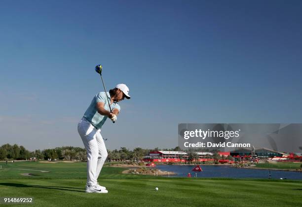 Tommy Fleetwood of England plays a 3 wood tee shot during the first round of the Abu Dhabi HSBC Golf Championship at Abu Dhabi Golf Club on January...