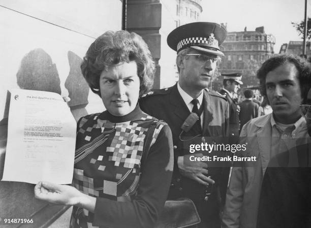 British Labour politician Joan Lestor and Peter Hain , leader of the Young Liberals, arrive at South Africa House in London with a letter of protest...