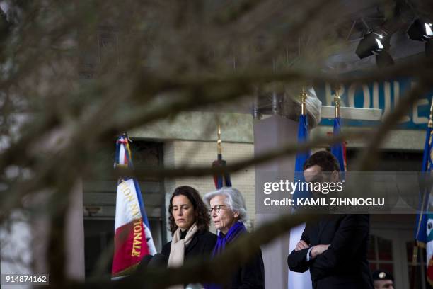 Claude Erignac's widow Dominique Erignac flanked by her son Charles-Antoine and daughter Marie-Christophine during the unveiling of the square plaque...