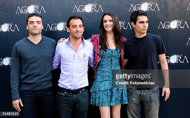 Actor Oscar Isaac, director Alejandro Amenabar, actress Rachel and actor Max Minghella attend the "Agora" photocall at the Biblioteca Nacional on...