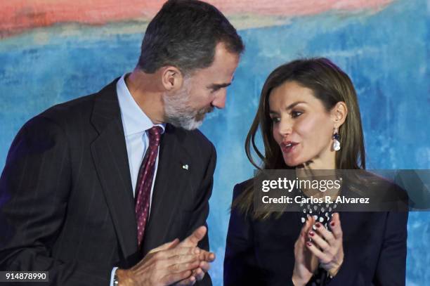 King Felipe VI of Spain and Queen Letizia of Spain attend the Gold Medals of Merit in Fine Arts 2016 ceremony at the Pompidou Center on February 6,...