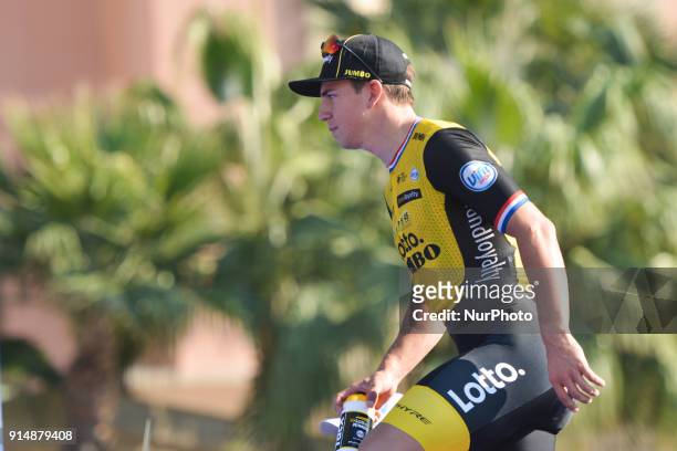 Dutch Dylan GROENEWEGEN from Team LottoNLJumbo arrives at the Awards Ceremony after winnning the Nakheel Stage, 167 km opening stage of Tour of Dubai...