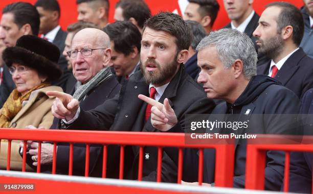 Sir Bobby Charlton and Lady Norma Charlton, Michael Carrick and Manager Jose Mourinho of Manchester United attend a service to commemorate the 60th...