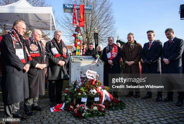 Members of FC Bayern Muenchen, the city of Munich and of Manchester United attend a memorial service commemorating the Munich air disaster of...