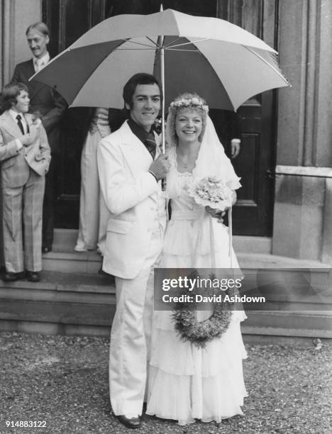 English actor Robert Lindsay after his wedding to actress Cheryl Hall at St Andrew's Church, Ham Common, Richmond, London, 21st September 1974.