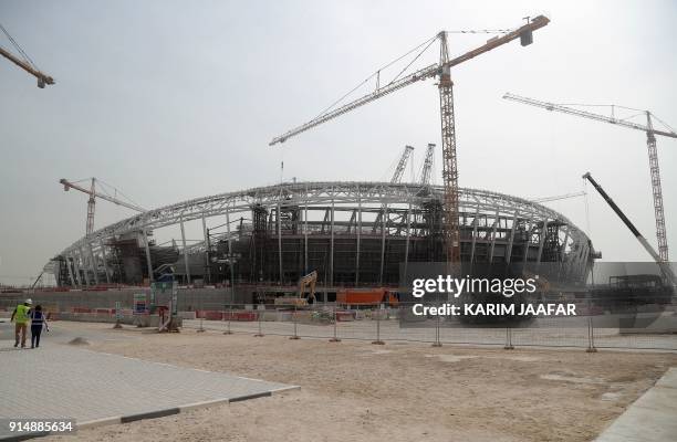 Picture taken on February 6 shows a general view of the extior of Al-Wakrah Stadium , a World Cup venue currently under construction, designed by...