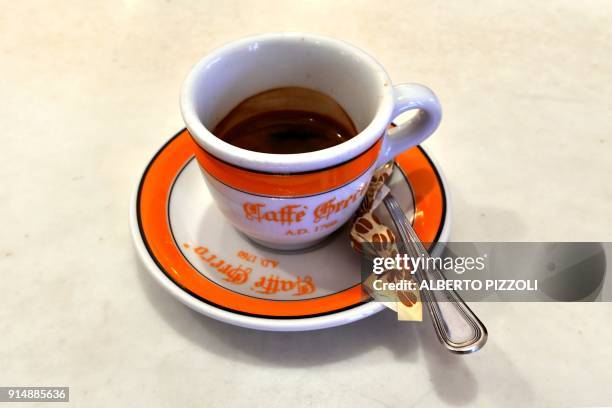 Cup of coffe is pictured in the Antico Caffe Greco, in Via dei Condotti, central Rome on January 15, 2018. The Caffe Greco, founded in 1760 by Greek...