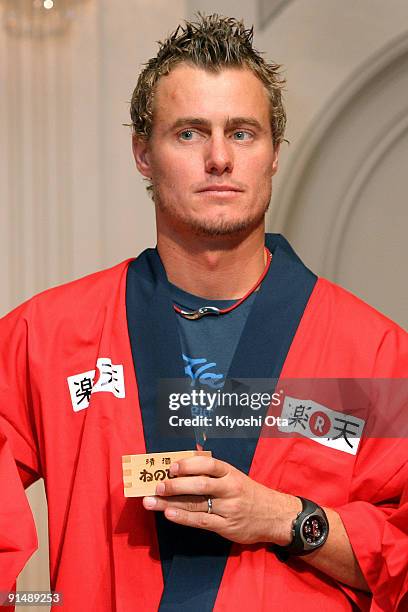 Lleyton Hewitt of Australia attends a welcome reception on day two of the Rakuten Open Tennis tournament at Hotel Grand Pacific Le Daiba on October...