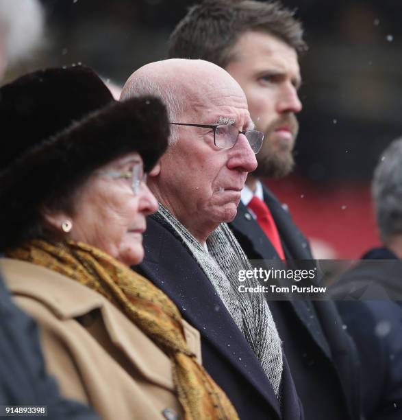 Sir Bobby Charlton attends a service to commemorate the 60th anniversary of the Munich Air Disaster at Old Trafford on February 6, 2018 in...