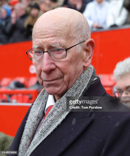 Sir Bobby Charlton attends a service to commemorate the 60th anniversary of the Munich Air Disaster at Old Trafford on February 6, 2018 in...