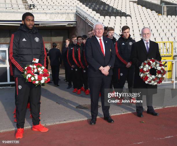 Ro-Shaun Williams of Manchester United U19s lays a wreath in memory of the victims of the Munich Air Disaster on the 60th anniversary at Partizan...