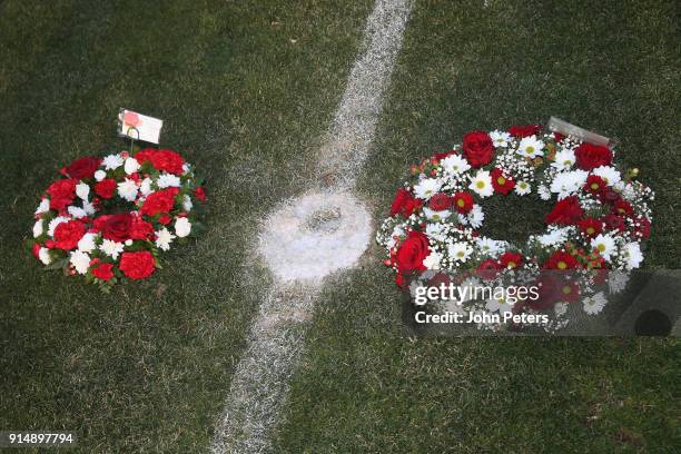 Wreaths are laid in memory of the victims of the Munich Air Disaster on the 60th anniversary at Partizan Stadium on February 6, 2018 in Belgrade,...