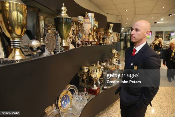 Manager Nicky Butt of Manchester United U19s vsitis the Partizan Belgrade museum in memory of the victims of the Munich Air Disaster on the 60th...