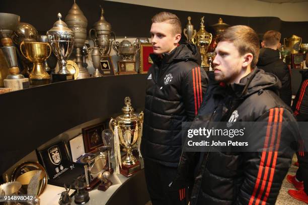 Ethan Hamilton and Jake Kenyon of Manchester United U19s visit the Partizan Belgrade museum in memory of the victims of the Munich Air Disaster on...