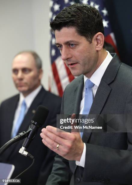 Speaker of the House Paul Ryan answers questions following a meeting of the House Republican caucus at the U.S. Capitol on February 6, 2018 in...