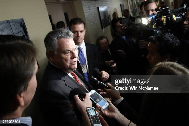 Rep. Peter King answers questions following a meeting of the House Republican caucus at the U.S. Capitol on February 6, 2018 in Washington, DC....