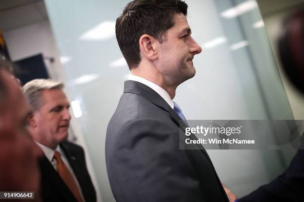 Speaker of the House Paul Ryan departs after answering questions following a meeting of the House Republican caucus at the U.S. Capitol on February...