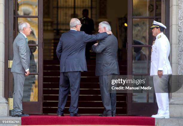 Pablo Kuczynski President of Peru welcomes US Secretary of State Rex Tillerson at Government Palace on February 06, 2018 in Lima, Peru. US Secretary...