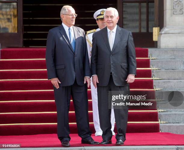 Pablo Kuczynski President of Peru welcomes US Secretary of State Rex Tillerson at Government Palace on February 06, 2018 in Lima, Peru. US Secretary...