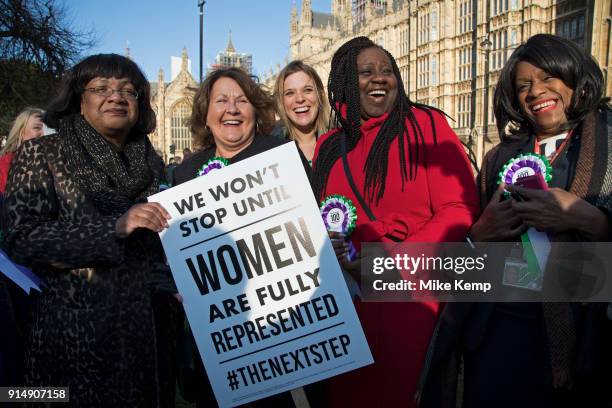 Women MPs from the Labour Party gather outside the Houses of Parliament to celebrate the 100th anniversary of the Suffragette movement and women's...