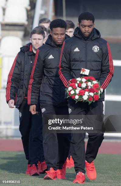 Ro-Shaun Williams of Manchester United U19s lays a wreath in memory of the victims of the Munich Air Disaster on the 60th anniversary at Partizan...