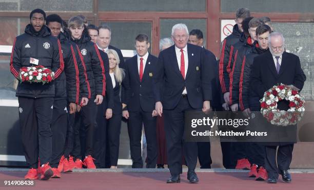 Ro-Shaun Williams of Manchester United U19s and British Ambassador Denis Keefe lay wreaths in memory of the victims of the Munich Air Disaster on the...