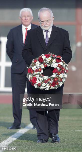 British Ambassador Denis Keefe lays a wreath in memory of the victims of the Munich Air Disaster on the 60th anniversary at Partizan Stadium on...