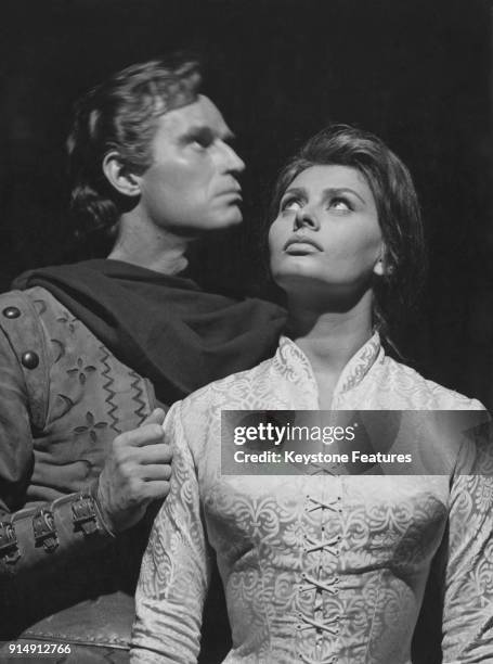 Italian actress Sophia Loren with American actor Charlton Heston in a scene from the film 'El Cid', 1960.