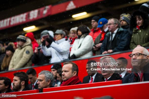 Former manager Sir Alex Ferguson, executive vice-chairman Ed Woodward and Manager Jose Mourinho of Manchester United attend a service to commemorate...