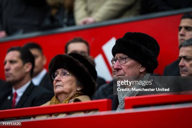 Sir Bobby Charlton and Lady Norma Charlton attend a service to commemorate the 60th anniversary of the Munich Air Disaster at Old Trafford on...