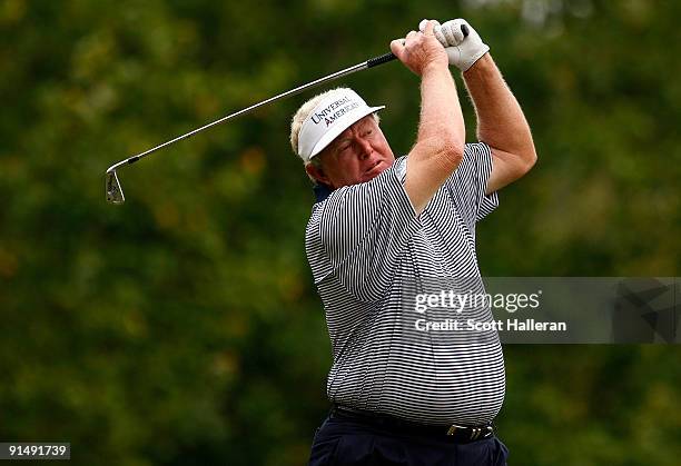 Andy Bean watches his tee shot on the ninth hole during the final round of the Greater Hickory Classic at the Rock Barn Golf & Spa on September 20,...