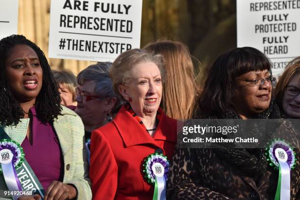 Dawn Butler, Margaret Beckett, Angela Rayner, Diane Abbott. Female members of the shadow cabinet and Labour politicians wearing suffrage rosettes and...