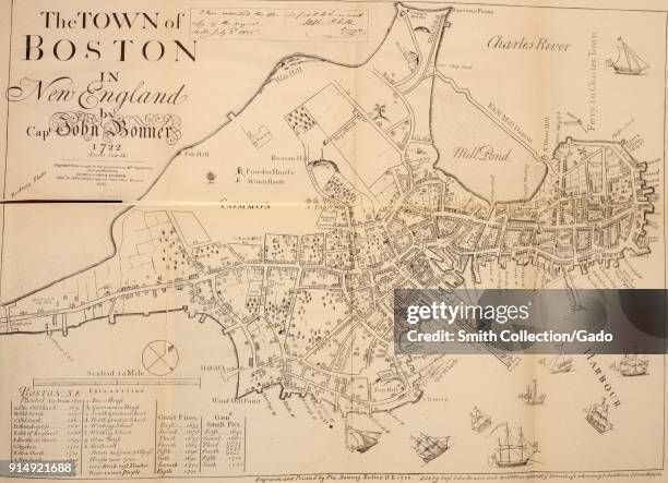 Black and white illustration depicting a map of the city of Boston, Massachusetts, USA, in the year 1722, with points of interest and areas suffering...